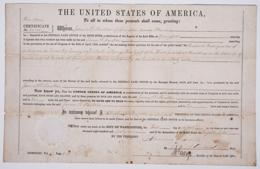 [ABRAHAM LINCOLN] DOCUMENT SIGNED