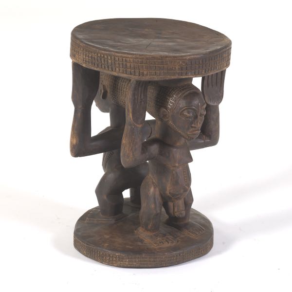 AFRICAN CARVED WOOD STOOL 19 ¾"H