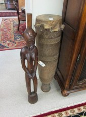 AFRICAN TRIBAL WOOD DRUM AND F
