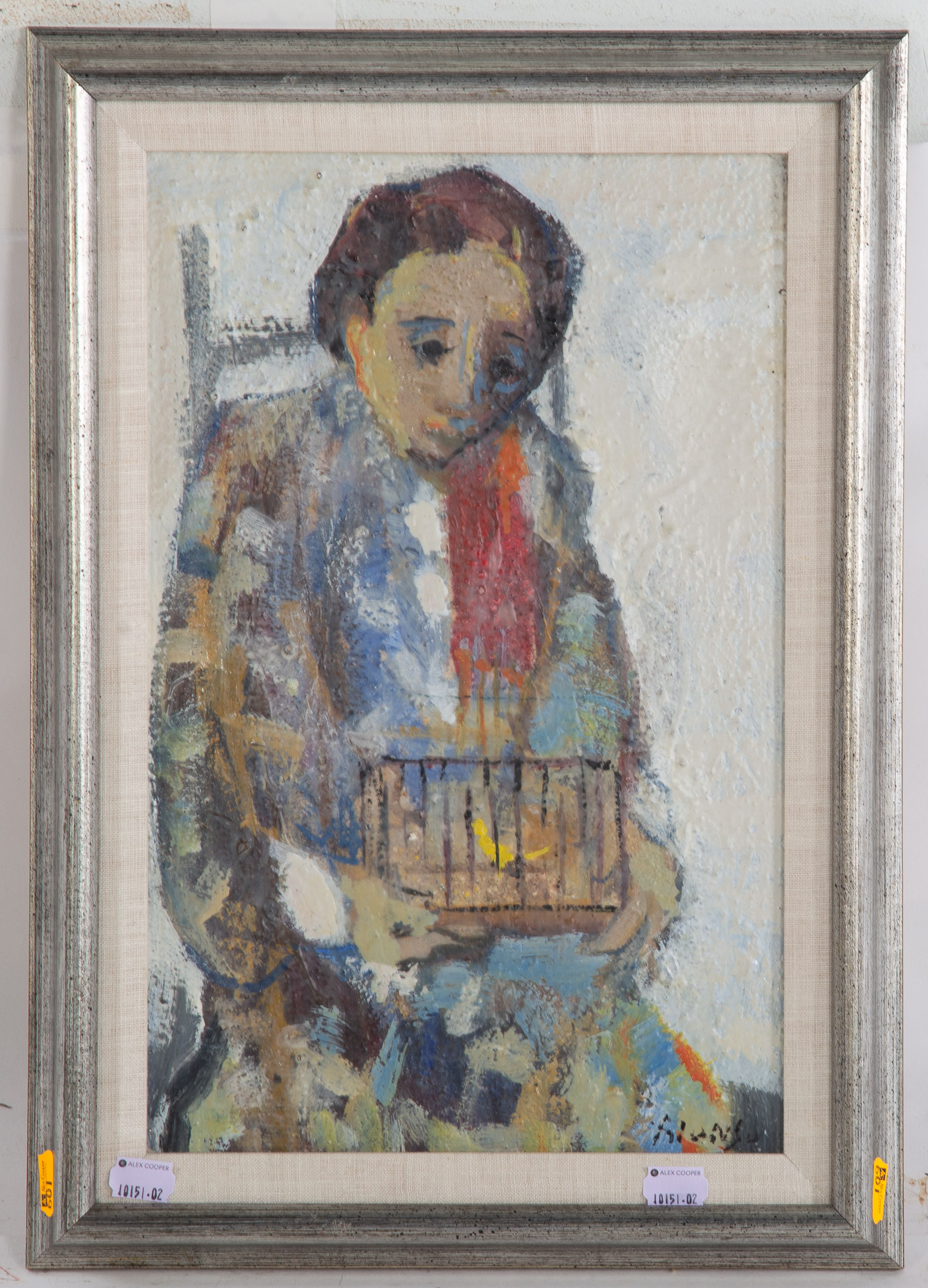 ALONSO. MAN WITH BIRD BOX, OIL ON