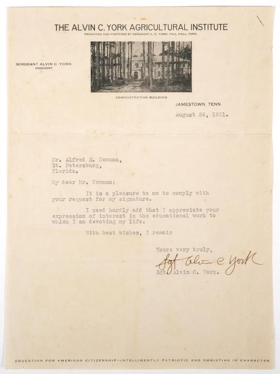 ALVIN YORK SIGNED LETTERA letter on