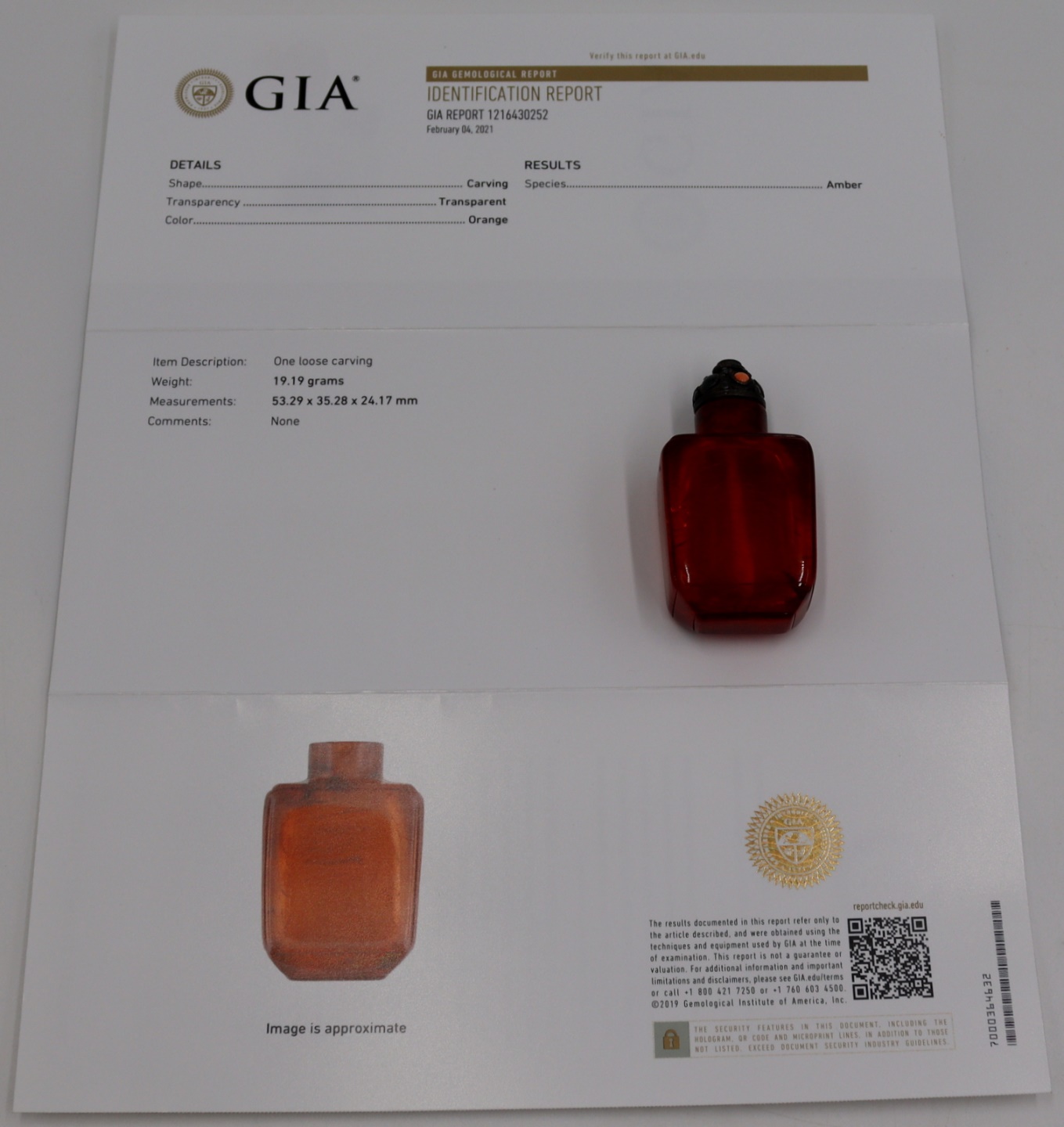 AMBER SNUFF BOTTLE, GIA NO.