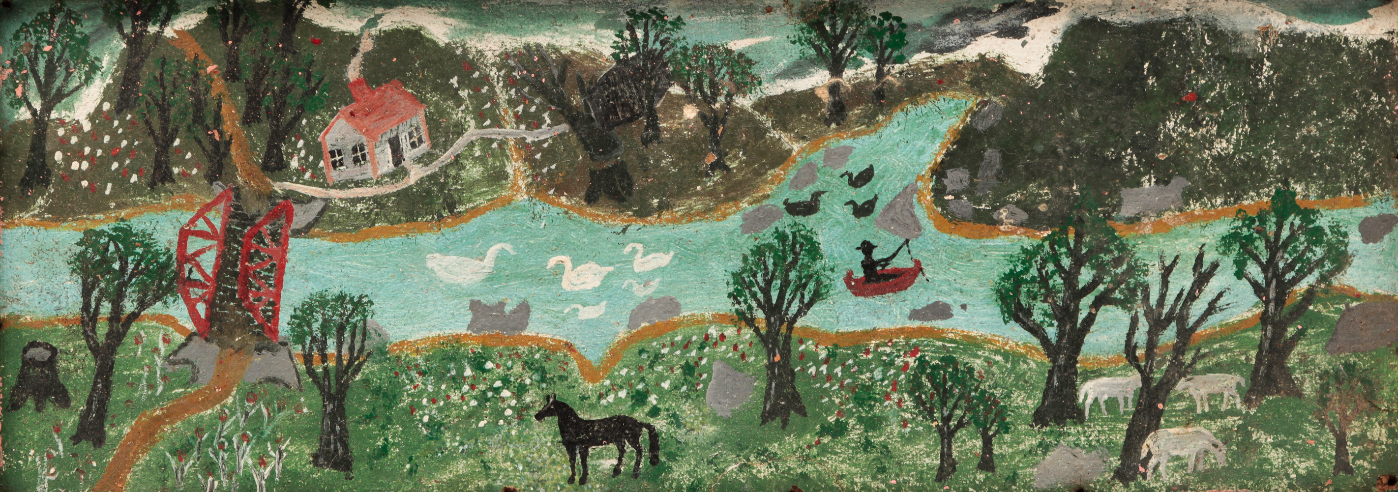 AMERICAN FOLKSY RIVER SCENE.