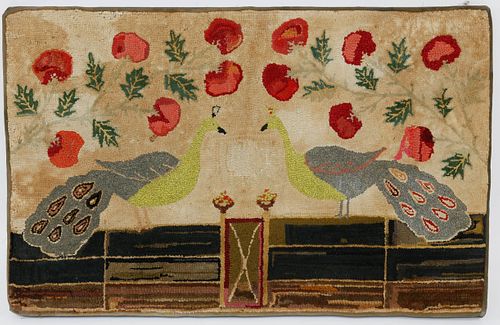 AMERICAN HOOKED RUG OF PEACOCKS,