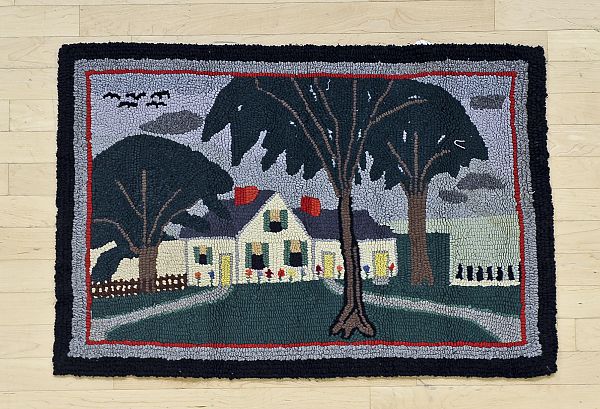 American hooked rug with a house