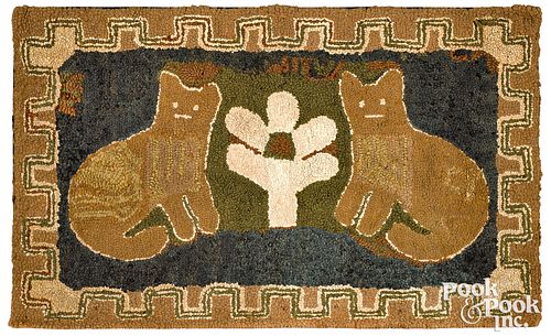AMERICAN HOOKED RUG WITH CATS, LATE