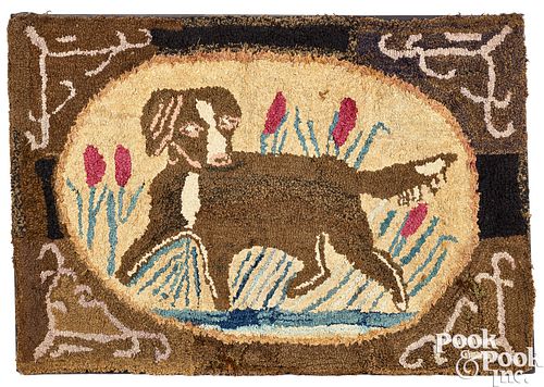 AMERICAN HOOKED RUG WITH DOG, CA.