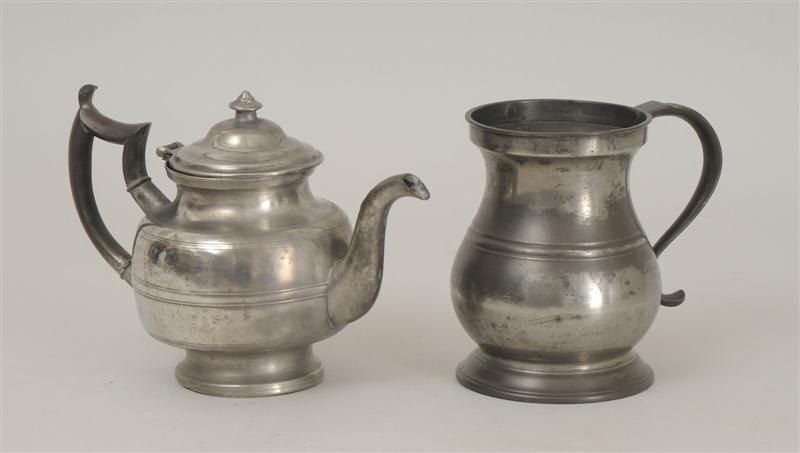 AMERICAN PEWTER TEAPOT AND AN