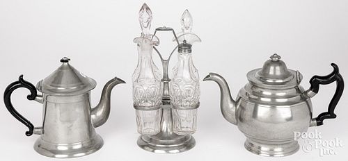 AMERICAN PEWTER TEAPOTS AND CRUET