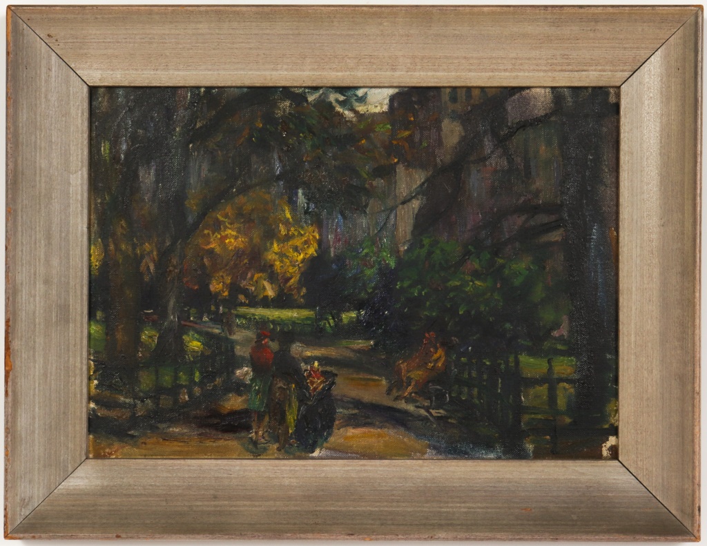AMERICAN SCHOOL "PARK SCENE" OIL ON
