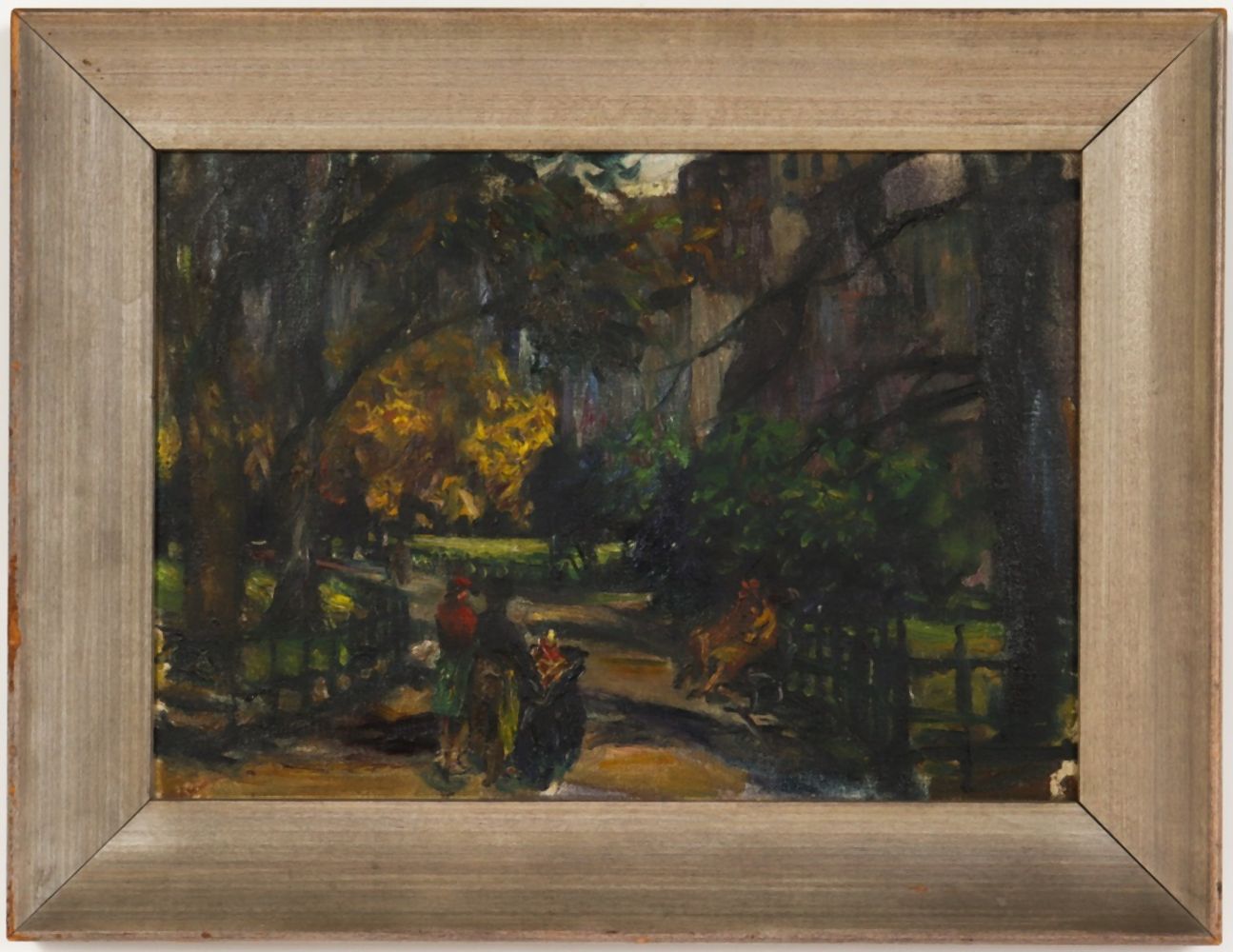 AMERICAN SCHOOL "PARK SCENE" OIL ON