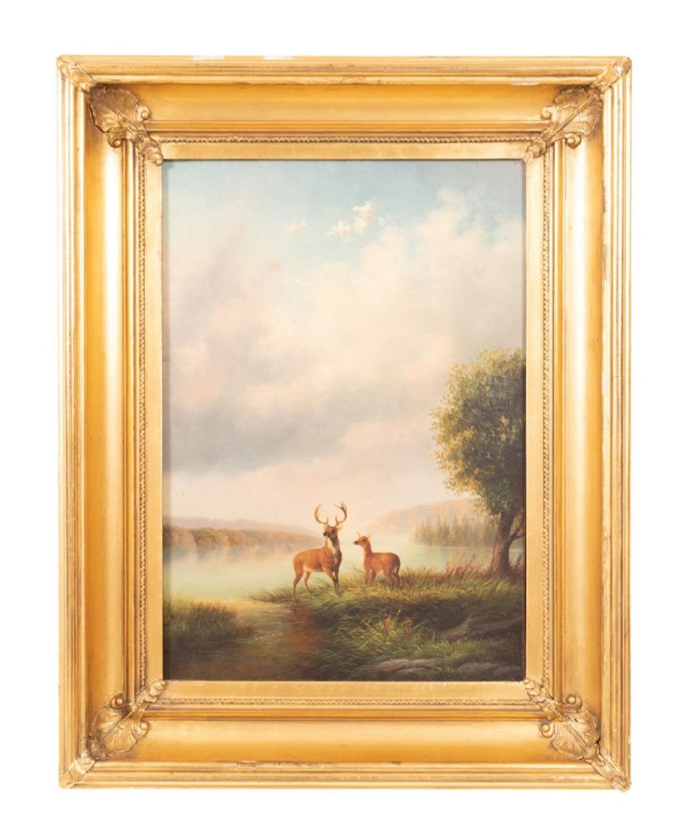 AMERICAN SCHOOL 'TWO DEER' OIL ON