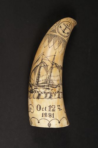 AMERICAN SCRIMSHAW WHALE TOOTH,