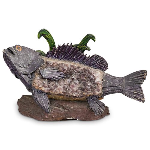 AMETHYST AND CARVED WOOD FISH