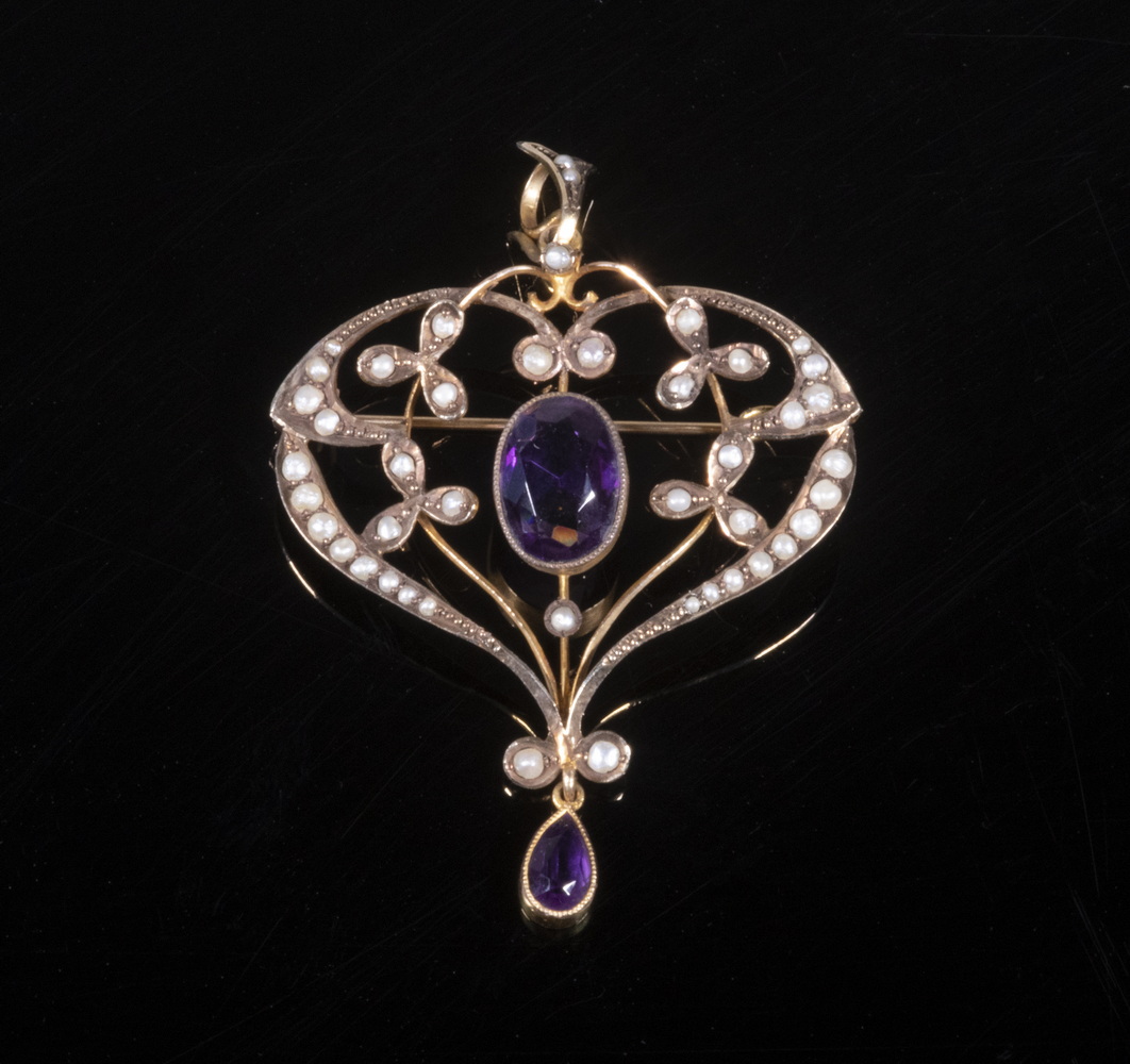 AMETHYST & PEARL PENDANT BROOCH
