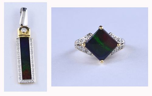 AMMOLITE OPAL AND DIAMOND RING WITH