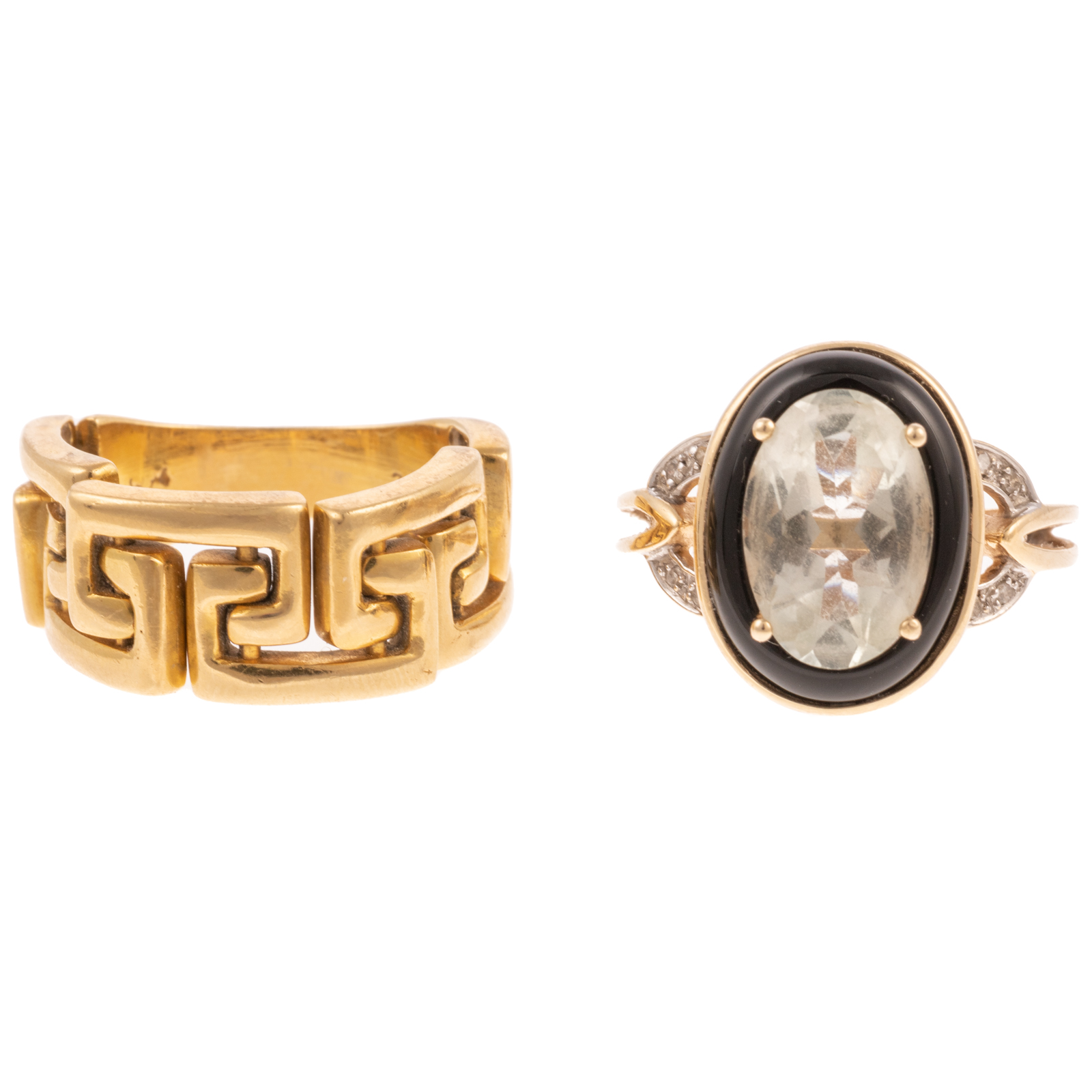 AN 18K GREEK KEY RING & 14K