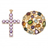 AN 18K MULTI-GEMSTONE PIN & 10