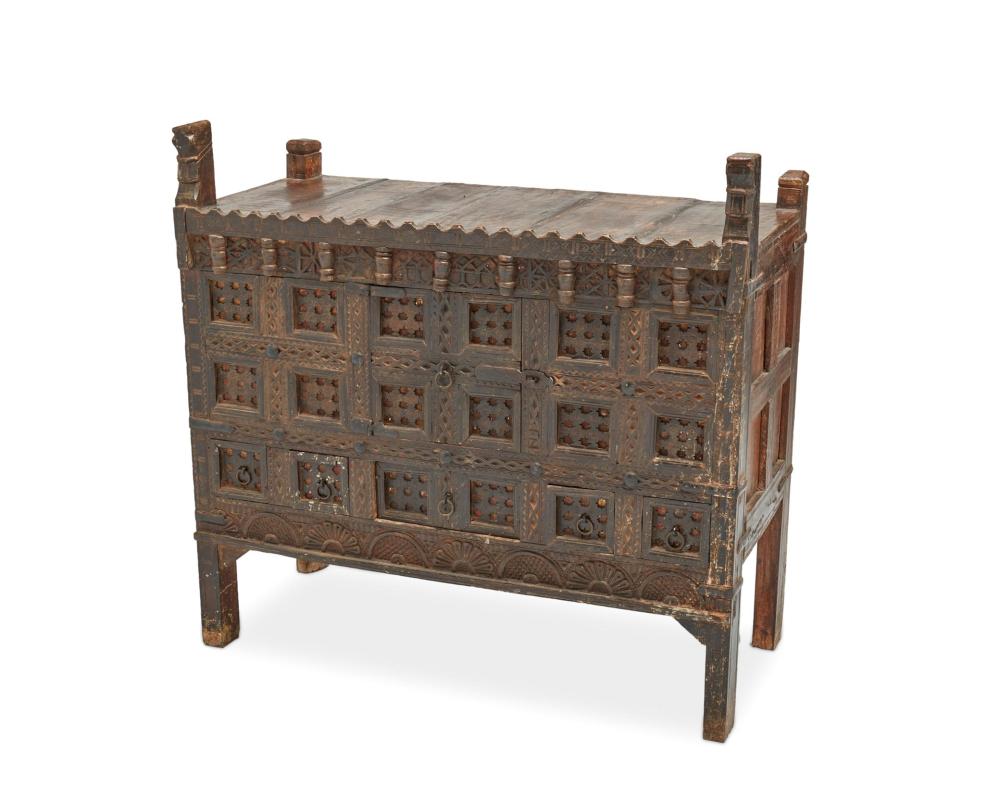 AN AFGHAN CARVED WOOD DOWRY CHESTAn