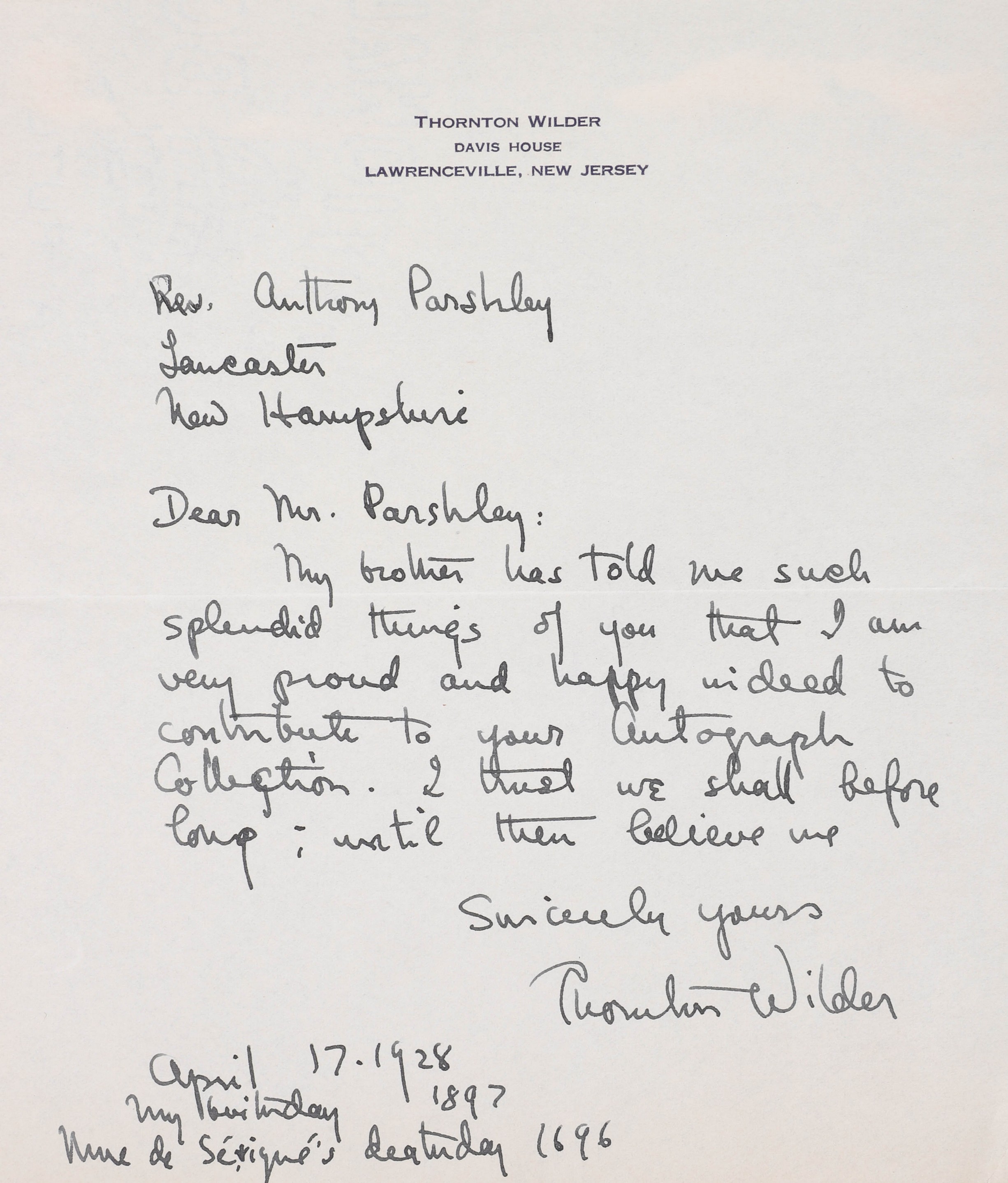An ALS of Thornton Wilder written