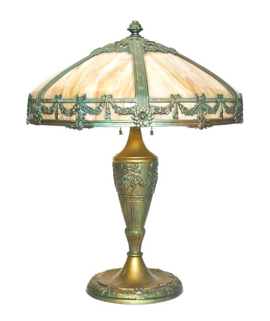 An American Paneled Slag Glass Lamp