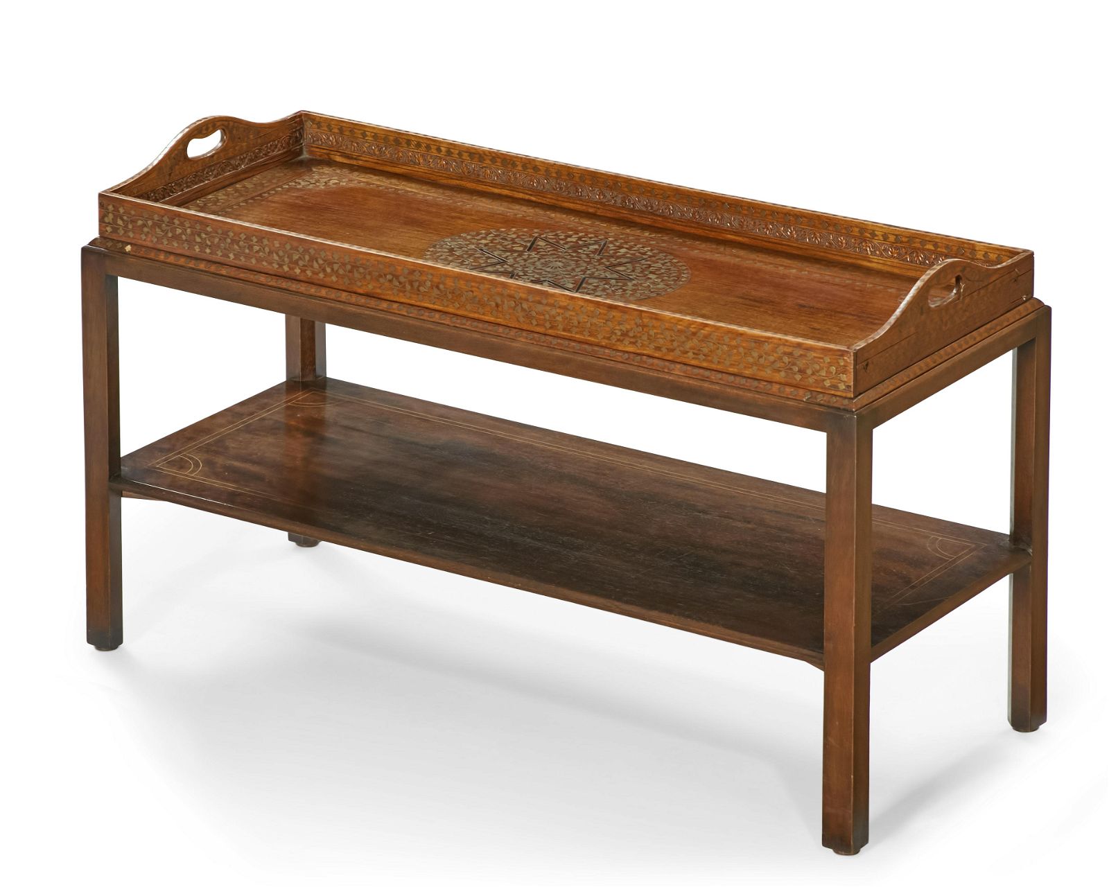 AN ANGLO INDIAN PADOUK TRAY ON