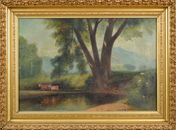 An antique oil on canvas, cows on
