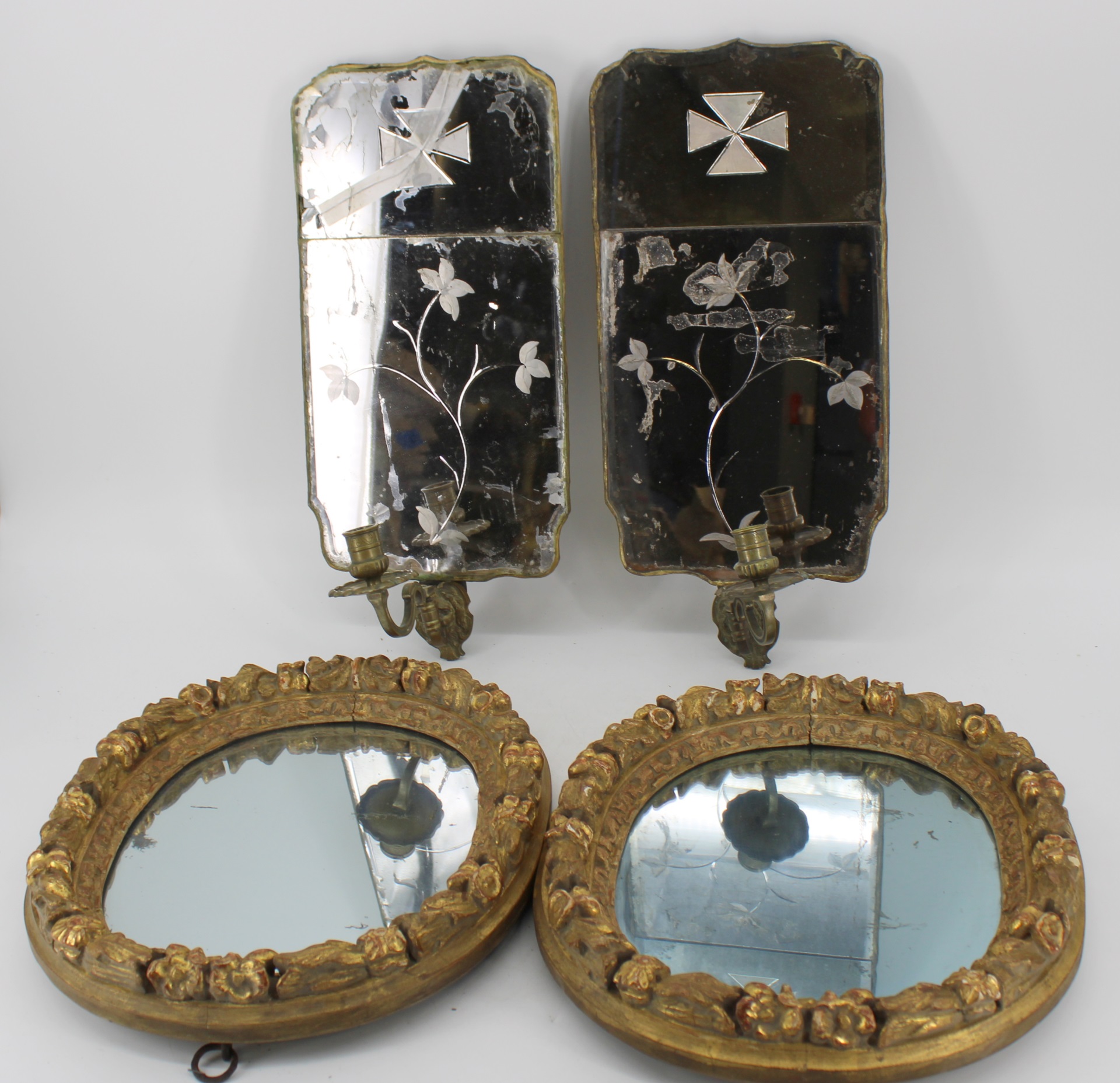 AN ANTIQUE PR OF MIRRORED SCONCES &
