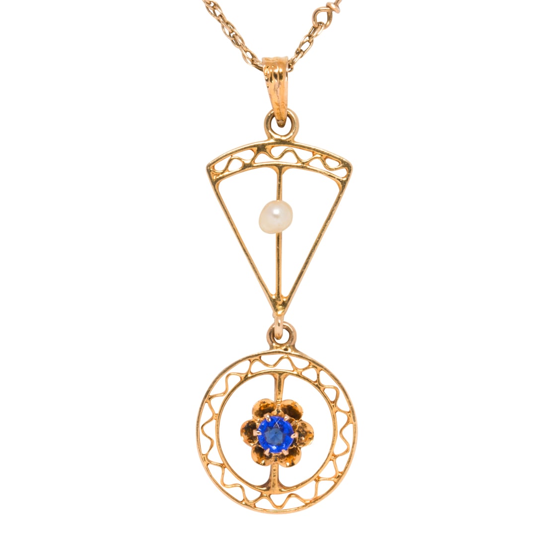 AN ANTIQUE SAPPHIRE, SEED PEARL AND