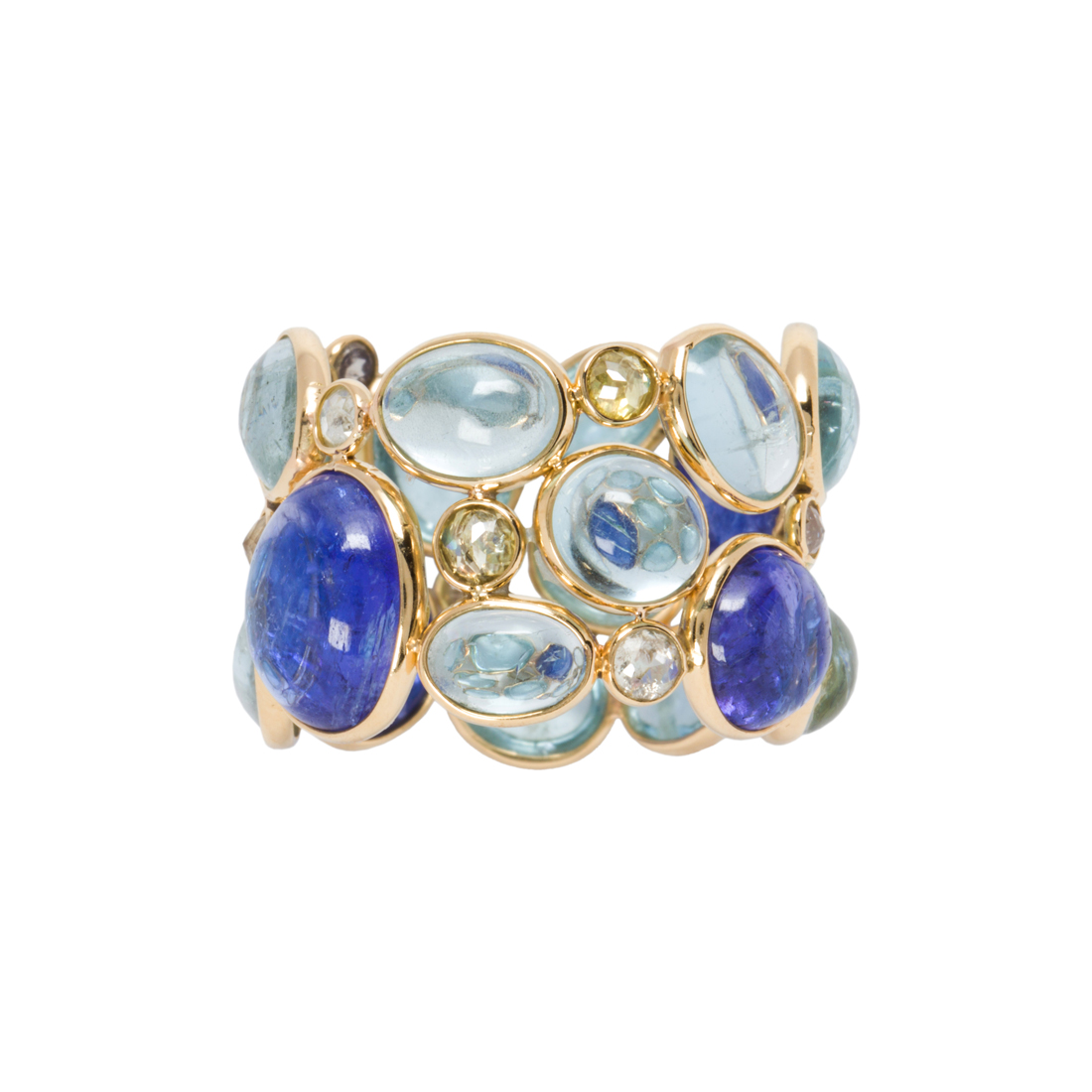 AN AQUAMARINE, TANZANITE, DIAMOND