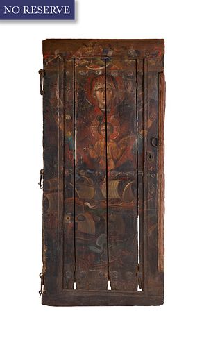 AN ARMENIAN PAINTED WOODEN DOOR,