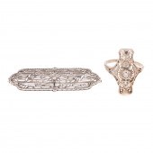 AN ART DECO FILIGREE RING & BR