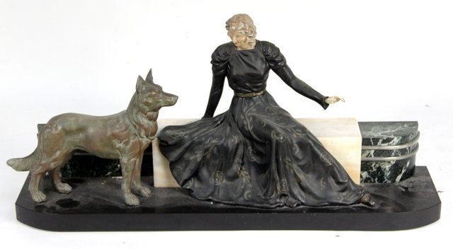 An Art Deco spelter and faux