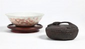 AN ASIAN WOODEN LIDDED BOX AND