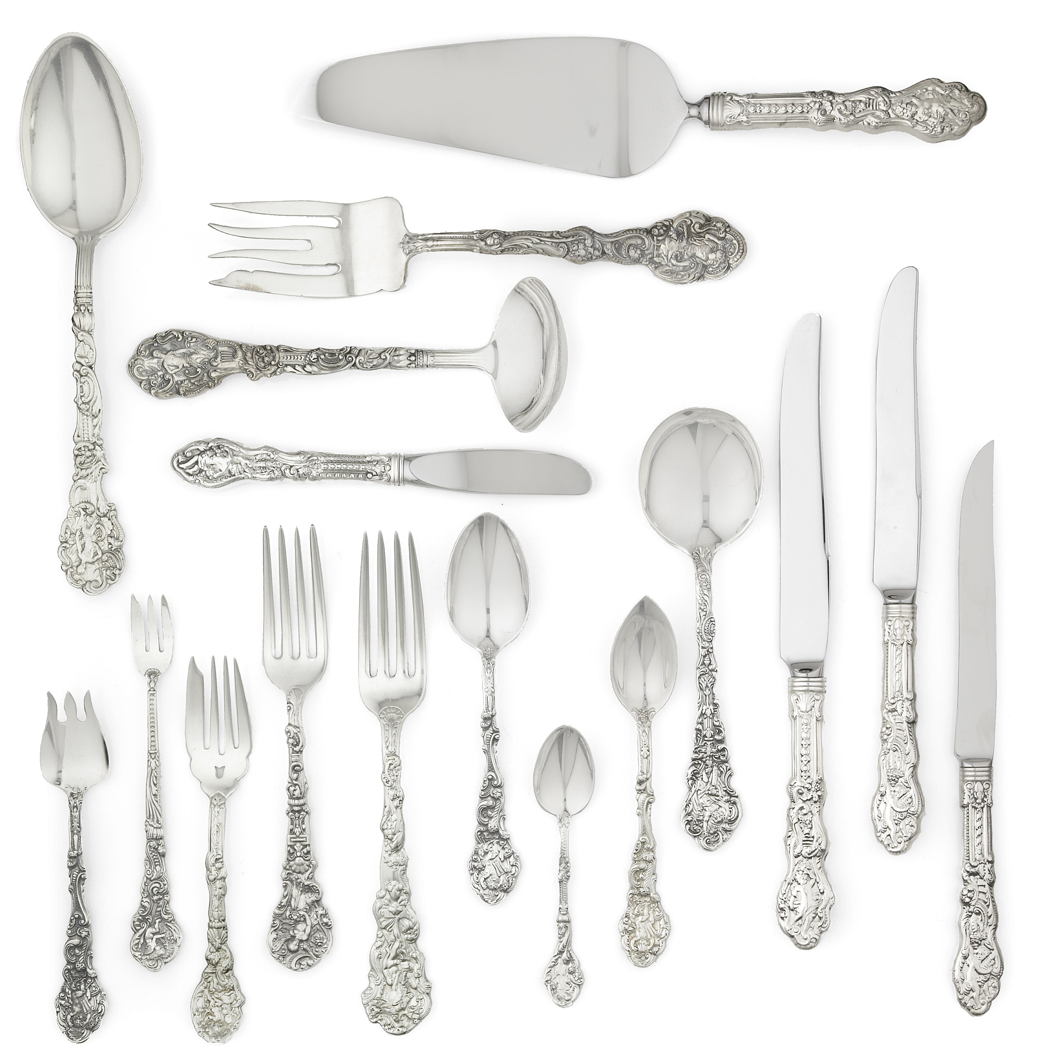 An assembled sterling flatware