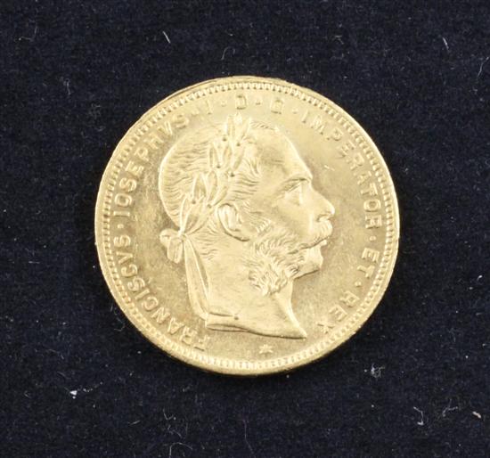 An Austrian 1881 gold 8 Florins (20