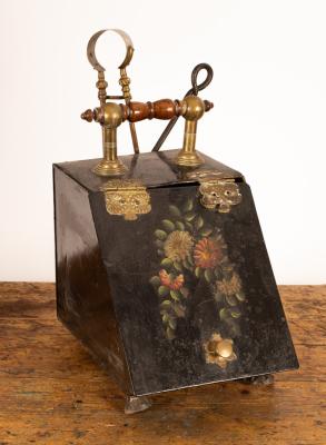 An ebonised coal hod, a brass