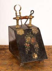 An ebonised coal hod, a brass