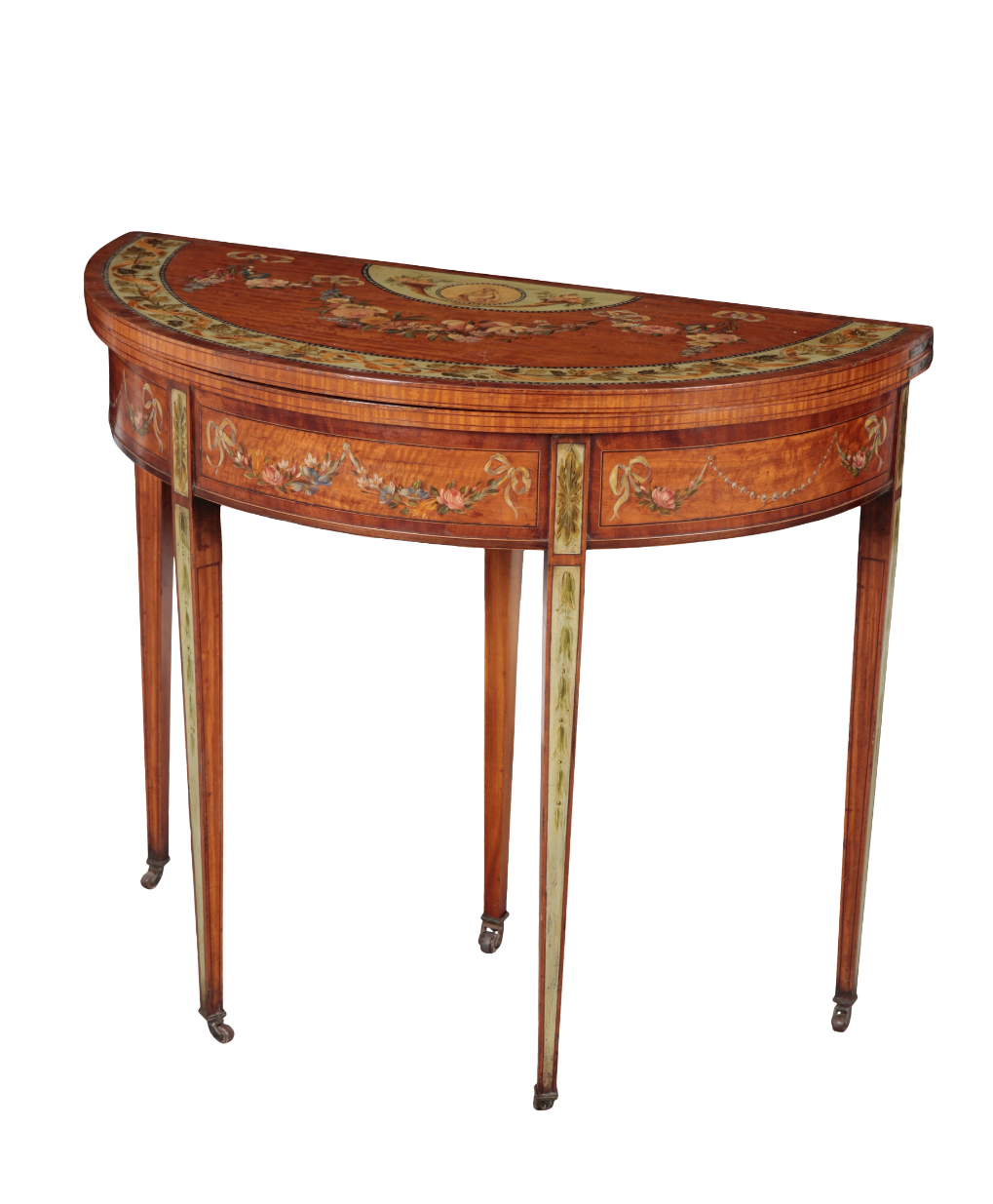 AN EDWARDIAN MAHOGANY DEMI-LUNE