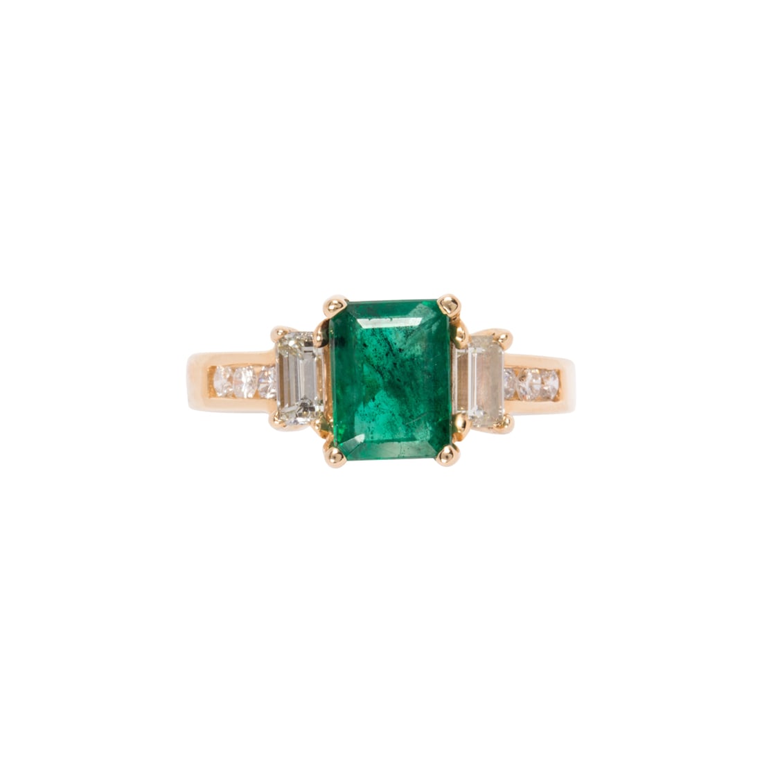 AN EMERALD, DIAMOND AND 14K GOLD