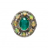 AN EMERALD, OPAL AND DIAMOND R