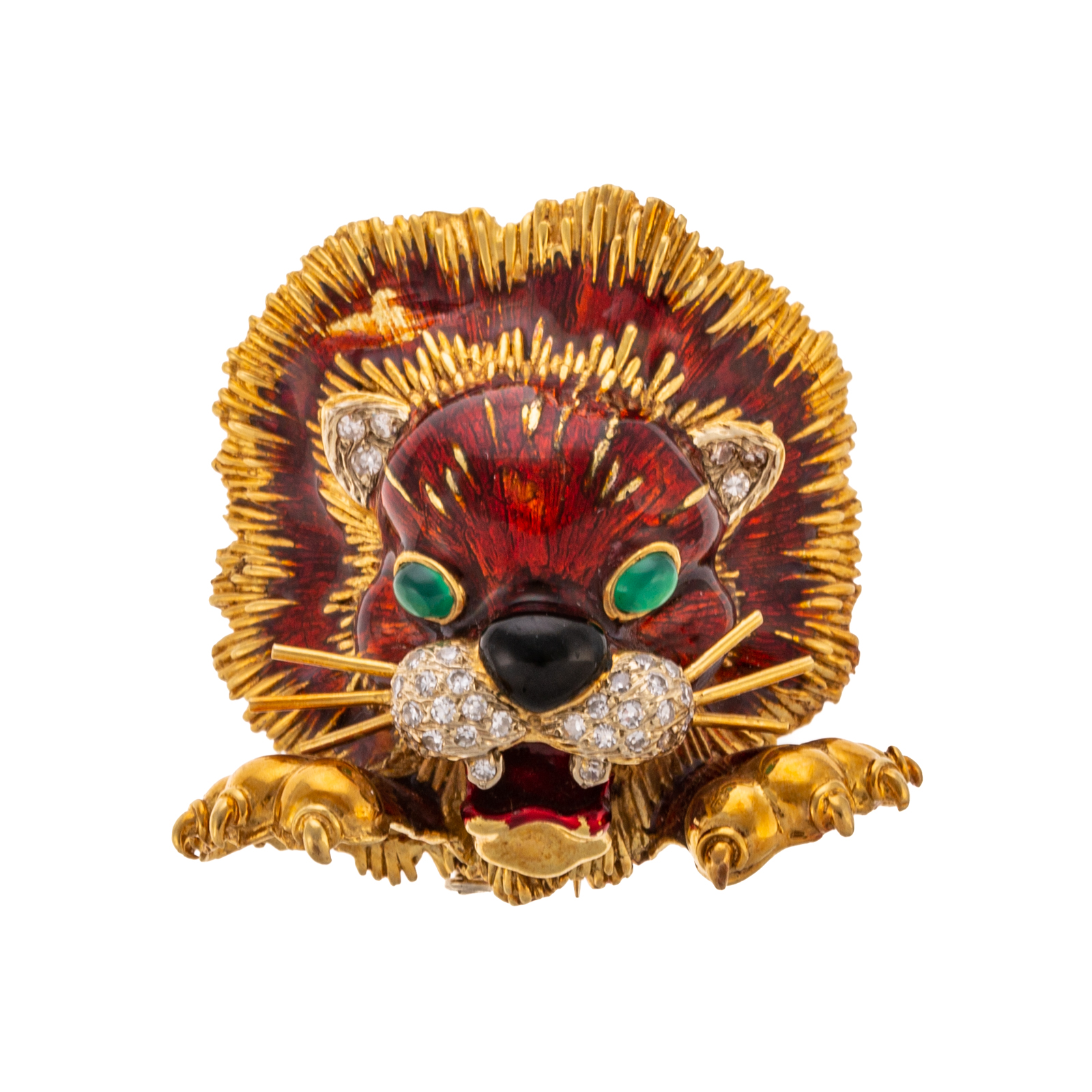 AN ENAMEL & GEMSTONE LION PIN IN