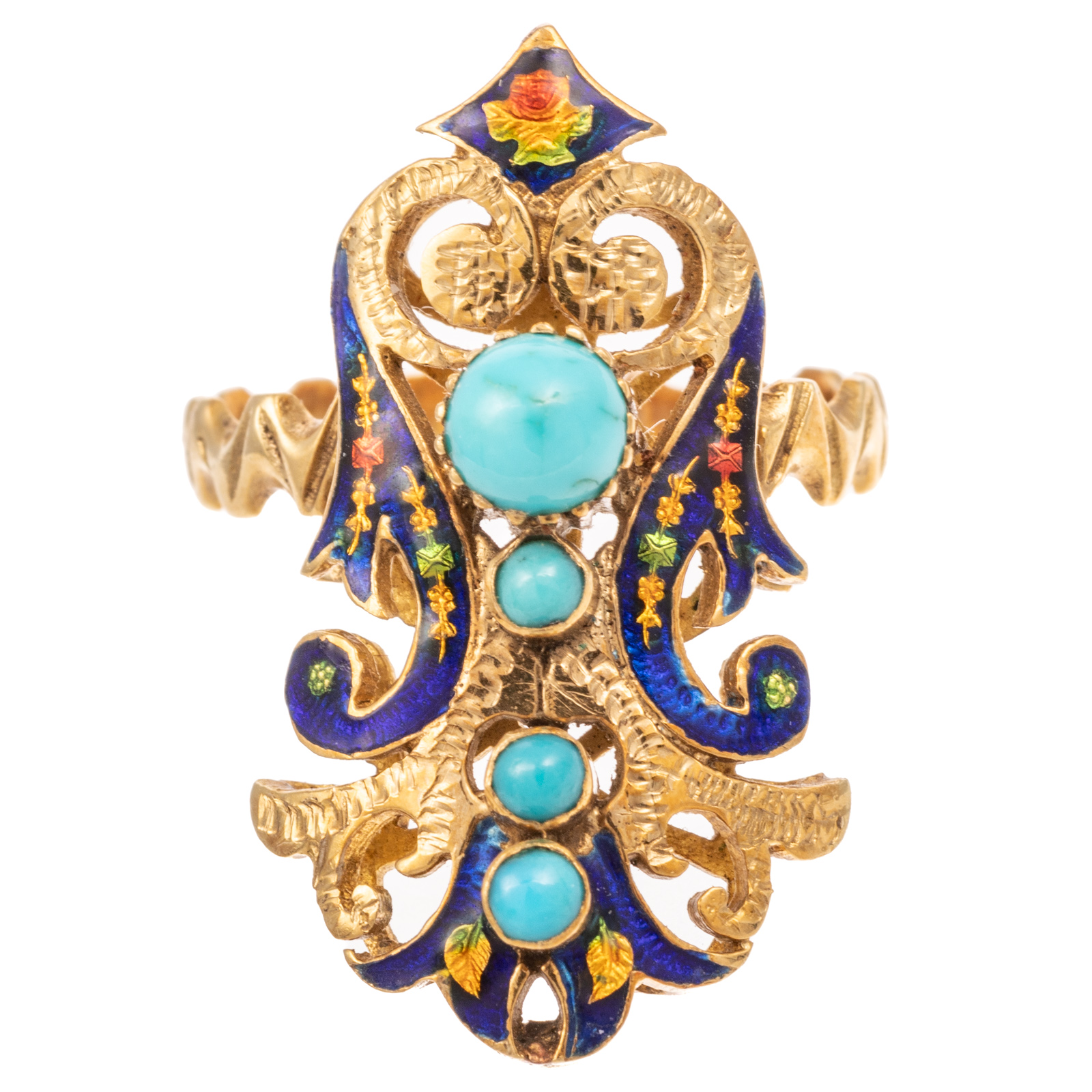 AN ENAMEL TURQUOISE SCROLL RING