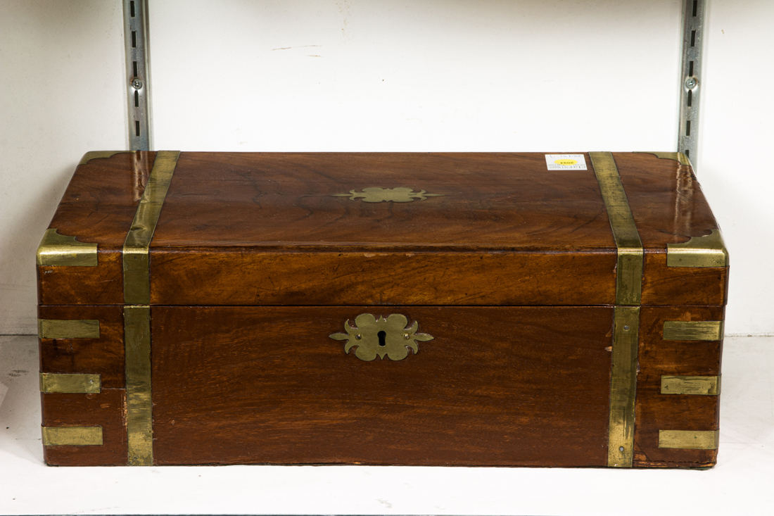 AN ENGLISH BRASS BOUND MAHOGANY LAP