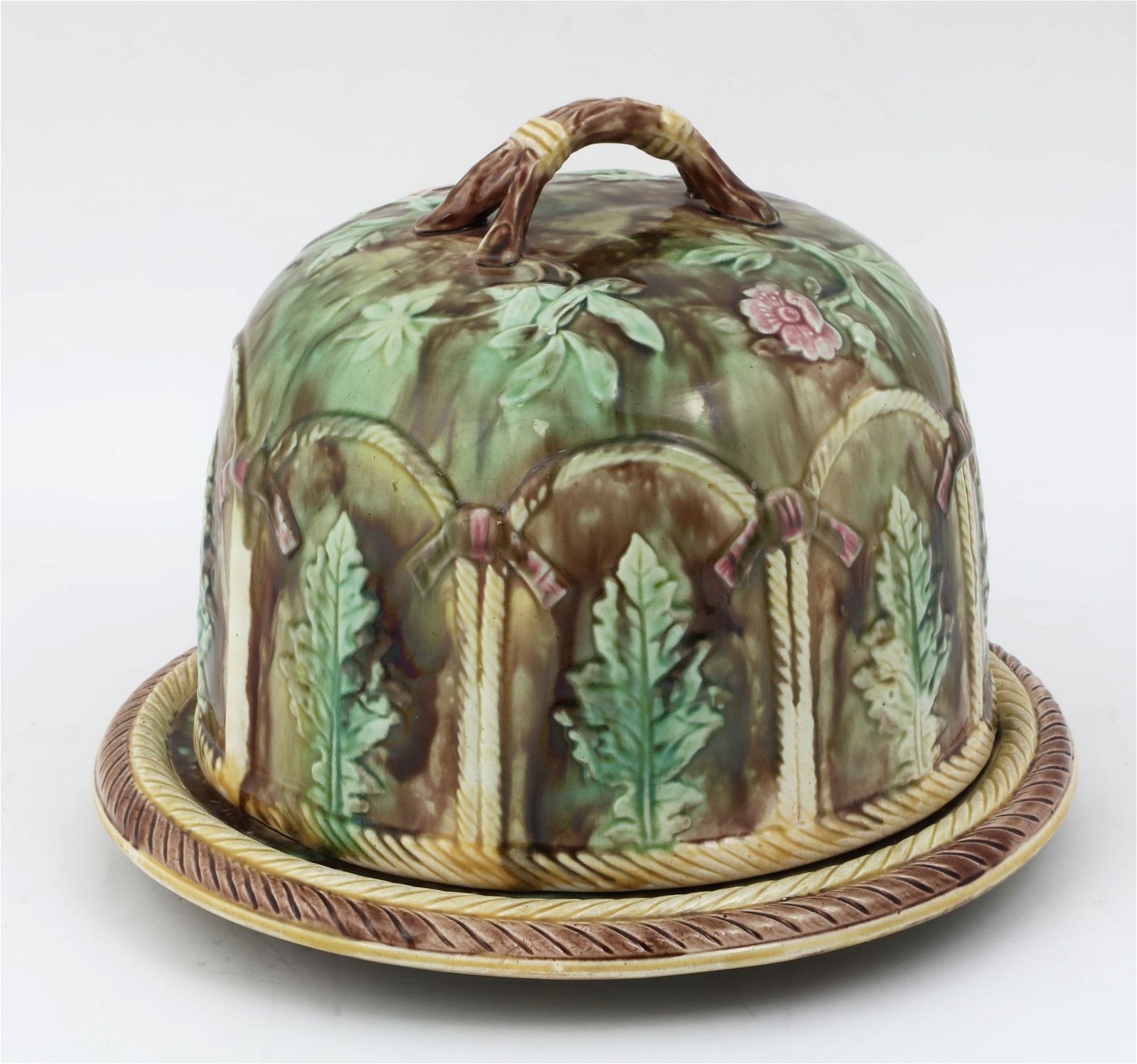 AN ENGLISH MAJOLICA CHEESE DOME AND