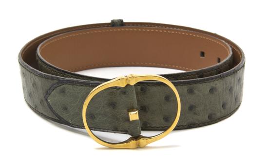 An Hermes 'Clou' Green Ostrich Belt