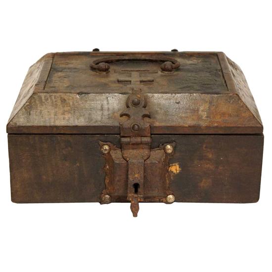 An Indian Iron Mounted Teak Alms