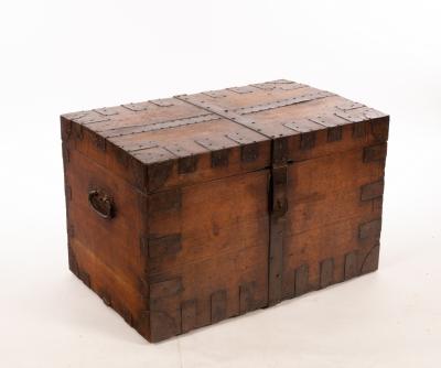 An iron-bound oak silver chest,