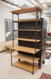AN IRON ETAGERE WITH OAK SHELV