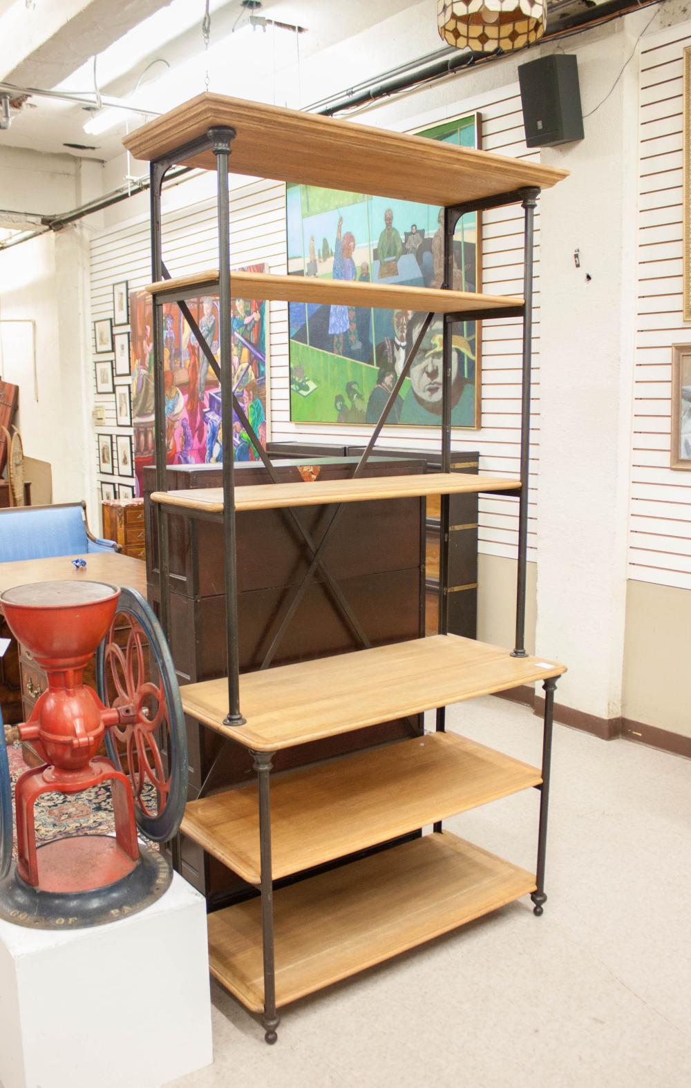 AN IRON ETAGERE WITH OAK